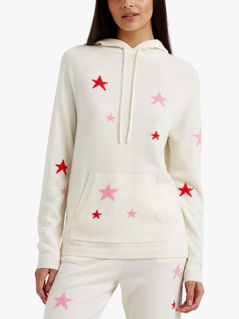 Product image 1 of 4, which shows Chinti & Parker Wool and Cashmere Blend Star Hoodie, Cream/Flamingo/Poppy, XS
