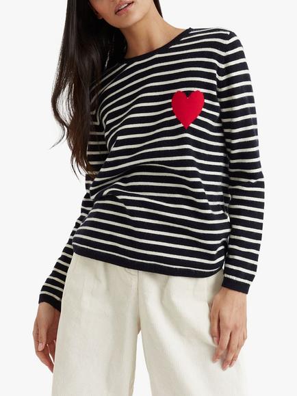 Chinti & Parker Breton Stripe & Heart Wool Rich Jumper, Navy/Cream/Red