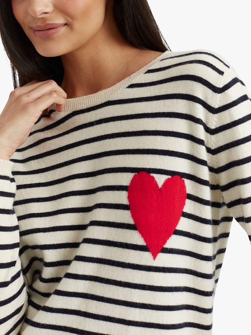 Product image 1 of 4, which shows Chinti & Parker Breton Stripe and Heart Wool and Cashmere Blend Jumper, Cream/Navy/Red, XS