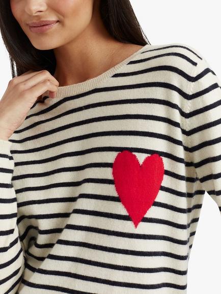 Chinti & Parker Breton Stripe & Heart Wool Rich Jumper, Cream/Navy/Red