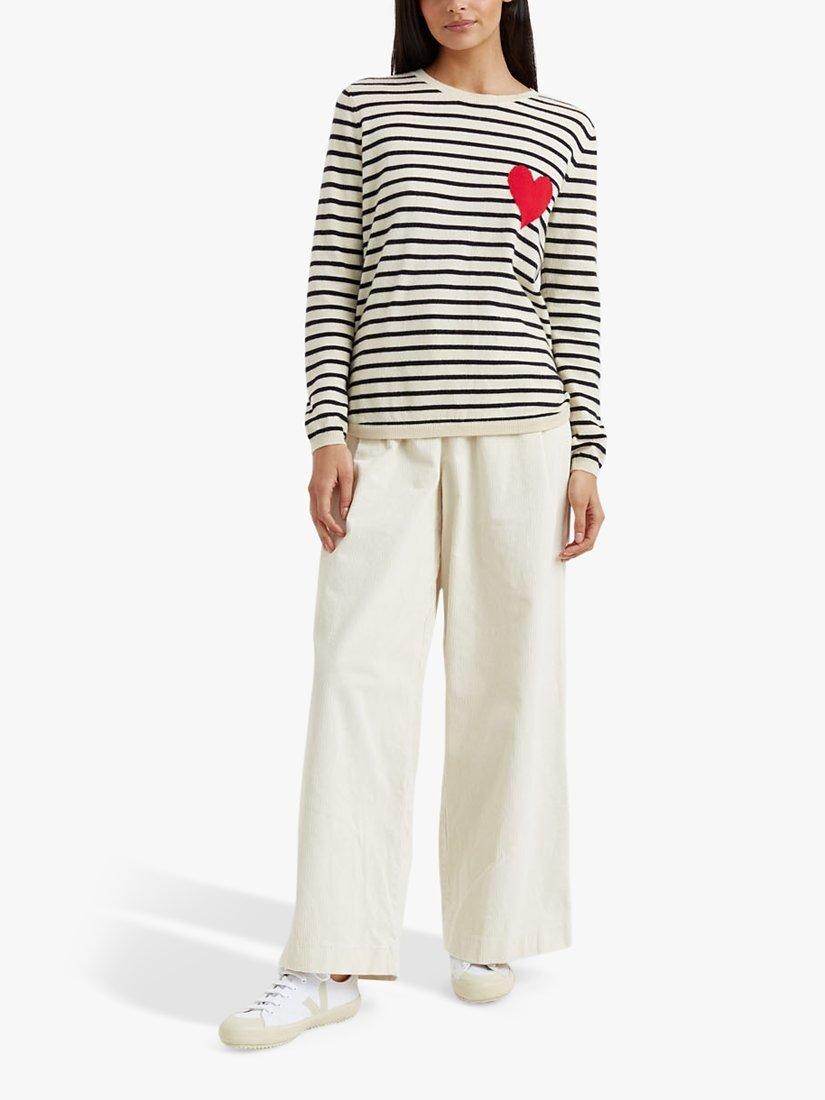 Product image 2 of 4, which shows Chinti & Parker Breton Stripe and Heart Wool and Cashmere Blend Jumper, Cream/Navy/Red, XS