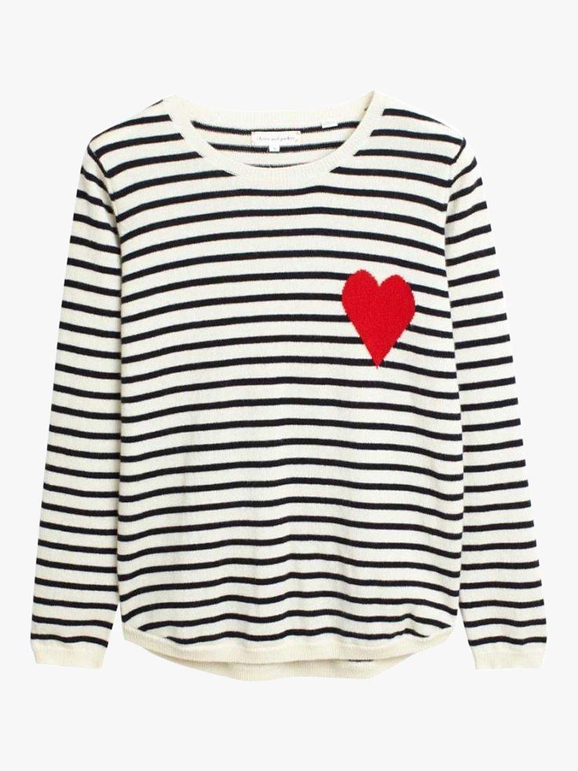 Product image 3 of 4, which shows Chinti & Parker Breton Stripe and Heart Wool and Cashmere Blend Jumper, Cream/Navy/Red, XS
