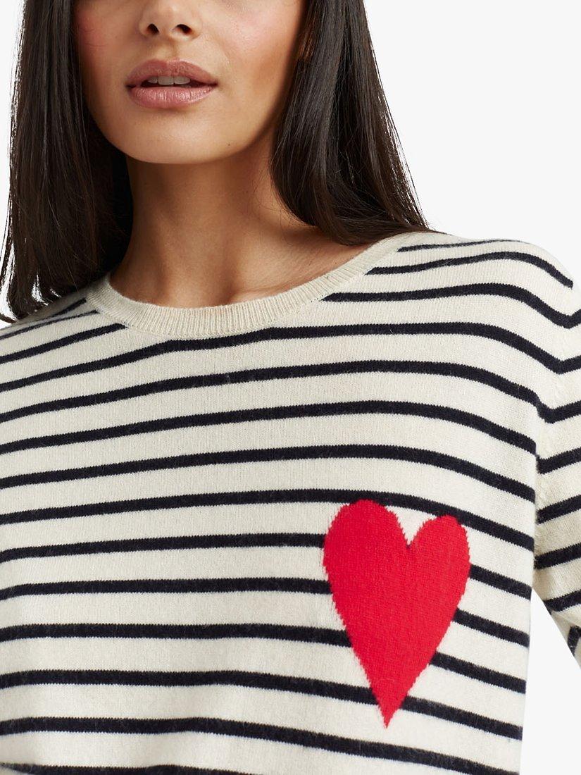Product image 4 of 4, which shows Chinti & Parker Breton Stripe and Heart Wool and Cashmere Blend Jumper, Cream/Navy/Red, XS