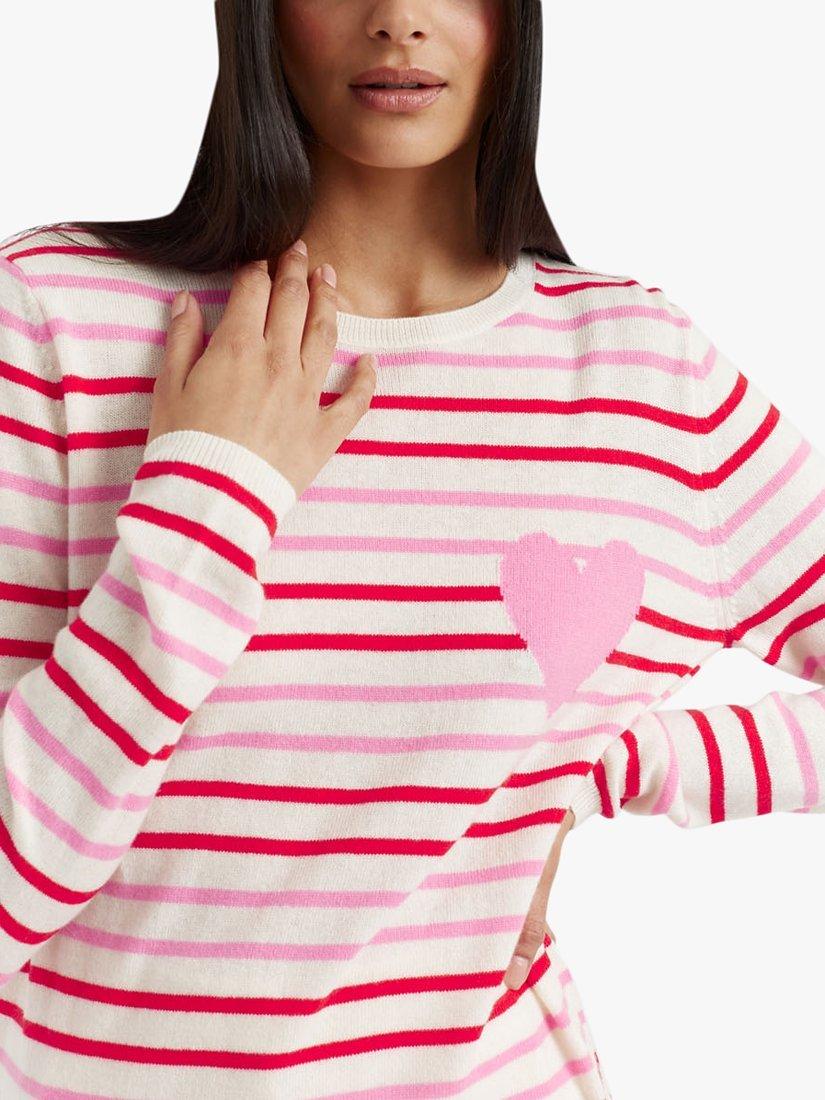 Product image 1 of 4, which shows Chinti & Parker Breton Stripe and Heart Wool and Cashmere Blend Jumper, Cream/Flamingo/Poppy, XS