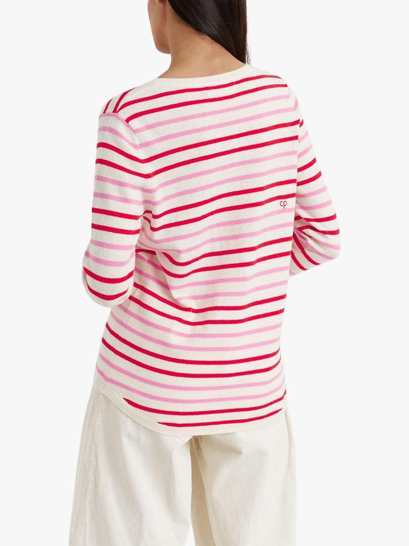 Product image 2 of 4, which shows Chinti & Parker Breton Stripe and Heart Wool and Cashmere Blend Jumper, Cream/Flamingo/Poppy, XS