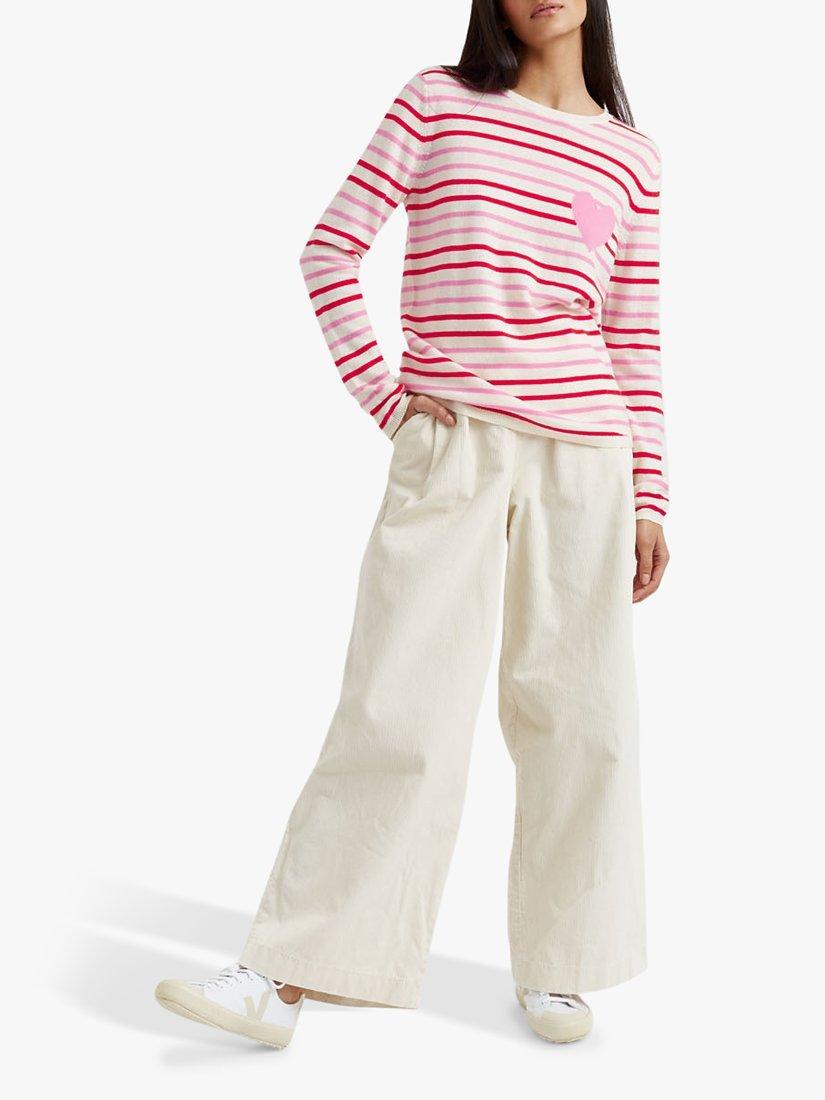 Product image 3 of 4, which shows Chinti & Parker Breton Stripe and Heart Wool and Cashmere Blend Jumper, Cream/Flamingo/Poppy, XS