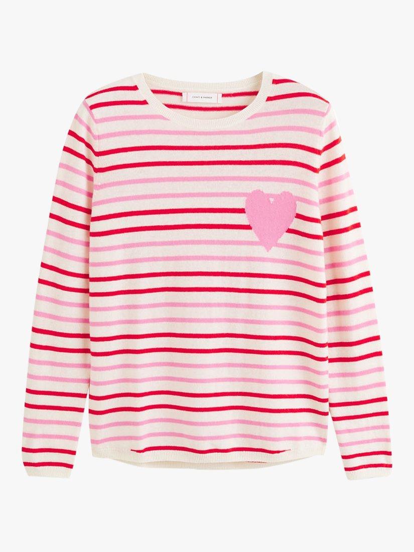Product image 4 of 4, which shows Chinti & Parker Breton Stripe and Heart Wool and Cashmere Blend Jumper, Cream/Flamingo/Poppy, XS