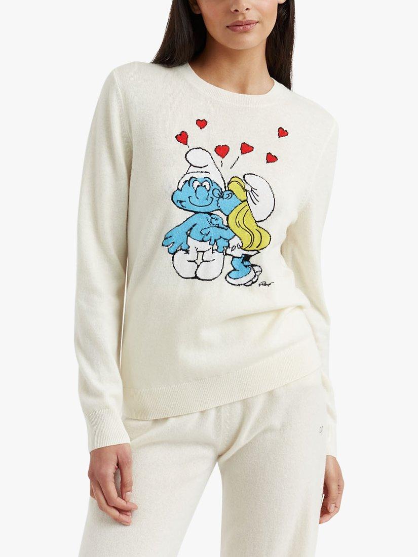 Product image 1 of 3, which shows Chinti & Parker Wool Blend Kissing Smurfs Jumper, Cream/Multi, M