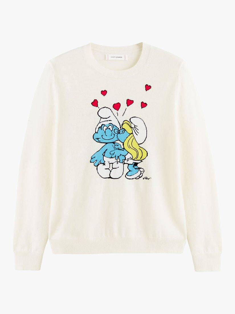 Product image 3 of 3, which shows Chinti & Parker Wool Blend Kissing Smurfs Jumper, Cream/Multi, M