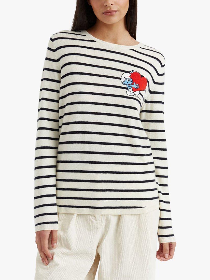 Product image 1 of 4, which shows Chinti & Parker Wool-Cashmere Smurf Breton Heart Jumper, Cream/Multi, XS