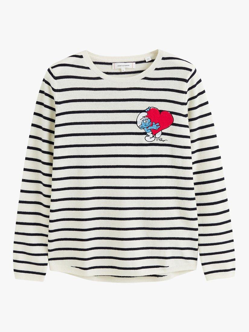 Product image 3 of 4, which shows Chinti & Parker Wool-Cashmere Smurf Breton Heart Jumper, Cream/Multi, XS