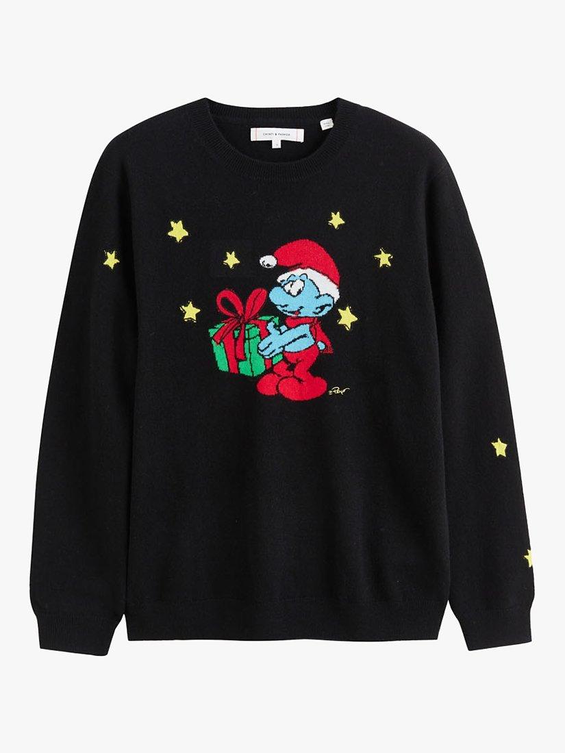 Product image 3 of 3, which shows Chinti & Parker Wool and Cashmere Blend Christmas Smurf Jumper, Black/Multi, XS