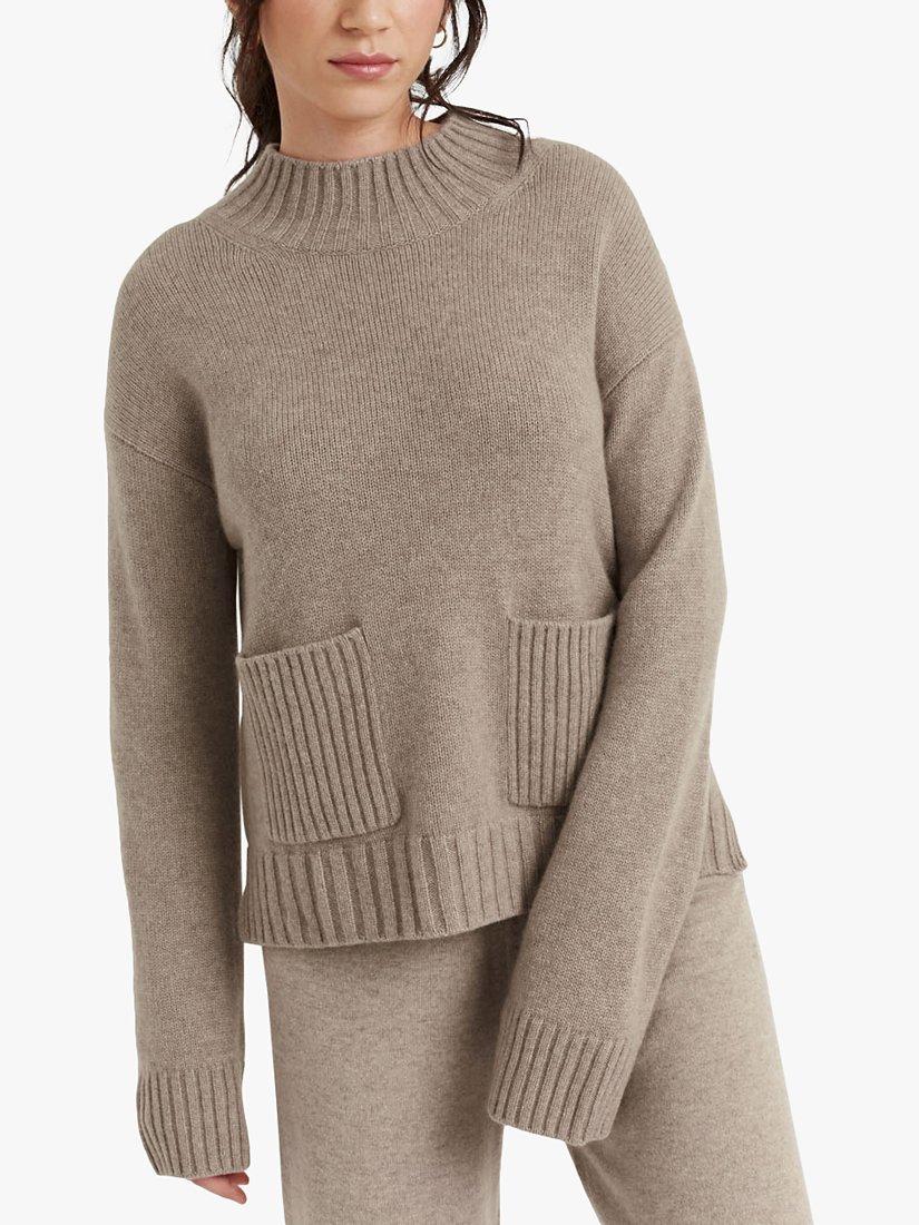 Product image 1 of 4, which shows Chinti & Parker Cashmere Patch Pocket Jumper, Soft Truffle, XS