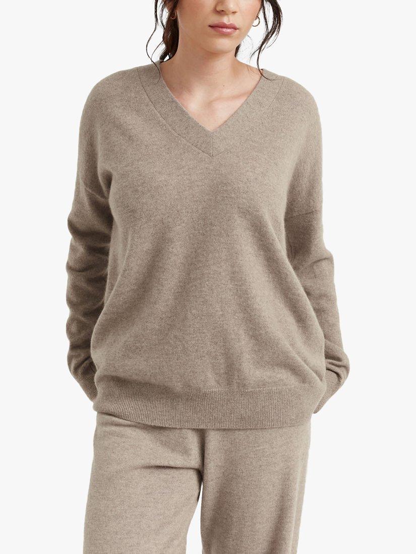 Product image 1 of 3, which shows Chinti & Parker Cashmere V-Neck Jumper, Soft Truffle, XS