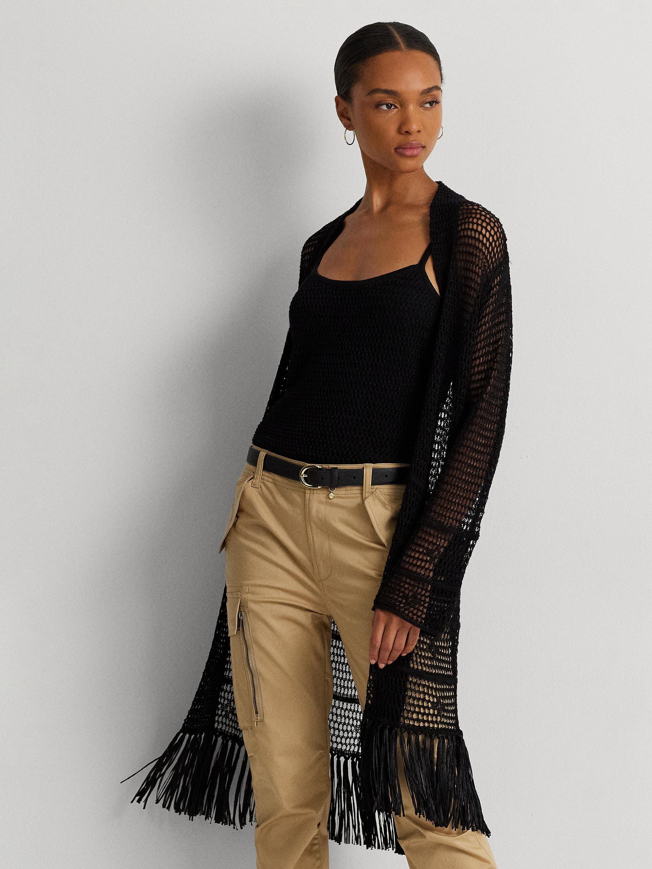 Lauren Ralph Lauren Barul Linen Blend Pointelle Knit Fringe Cardigan, Black