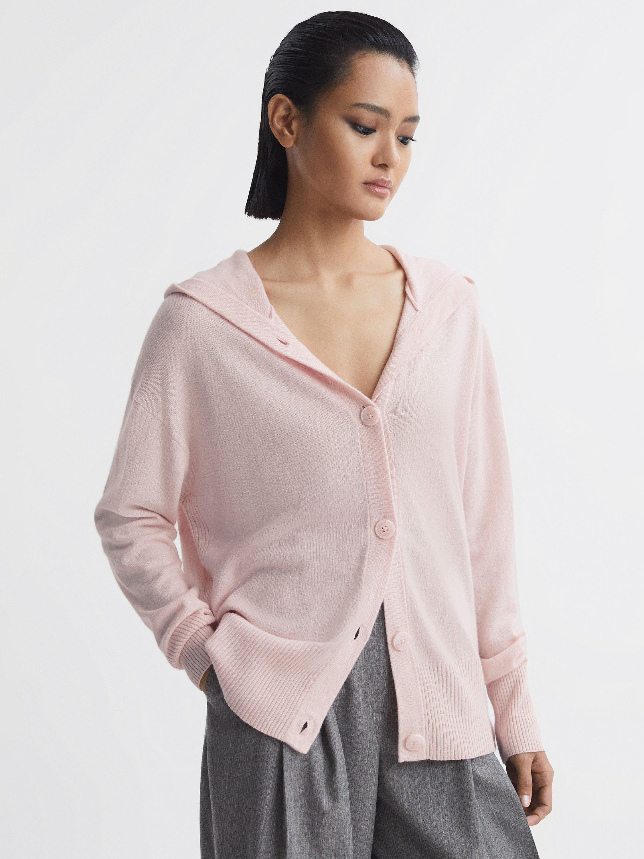 Reiss Evie Hooded Cashmere Blend Cardigan, Light Pink