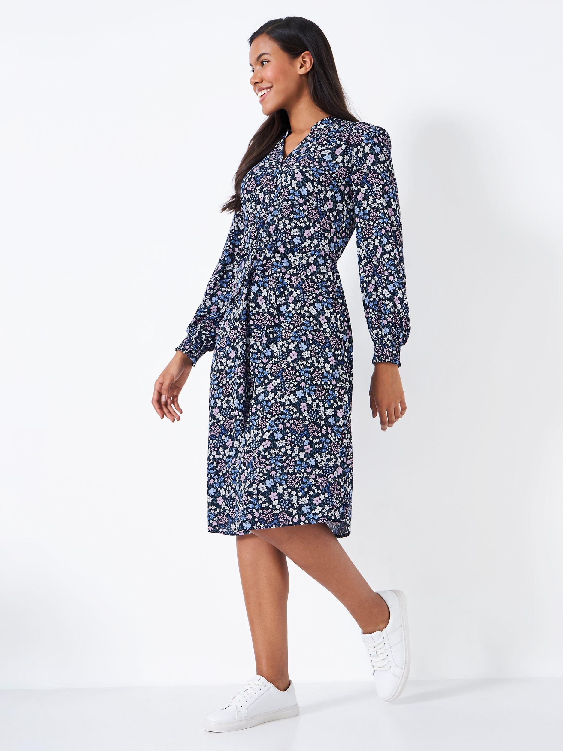 Crew Clothing Kimberley Tie Waist Dress, Navy Blue/Multi