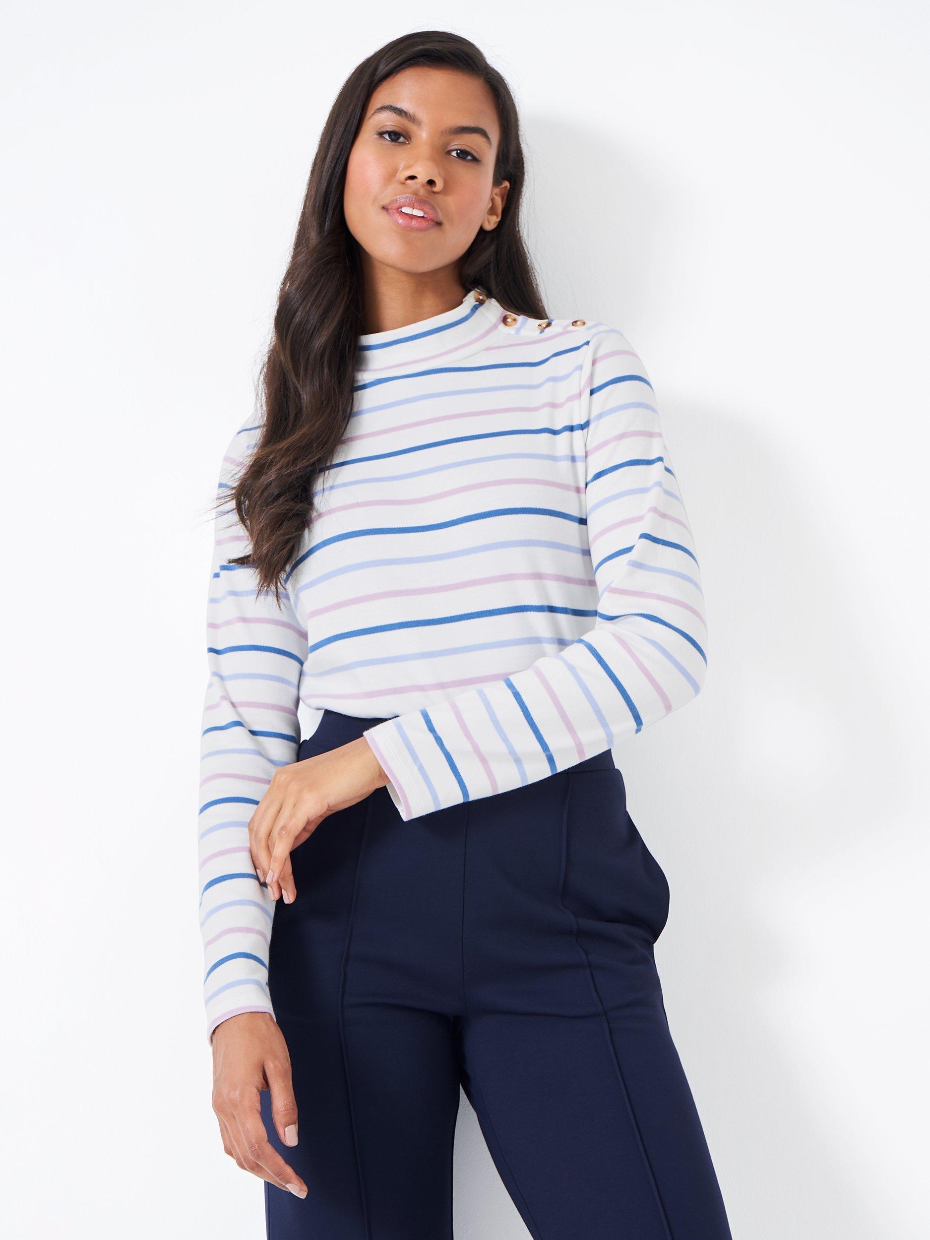 Crew Clothing Relaxed Stripey High Button Neck Top, Multi