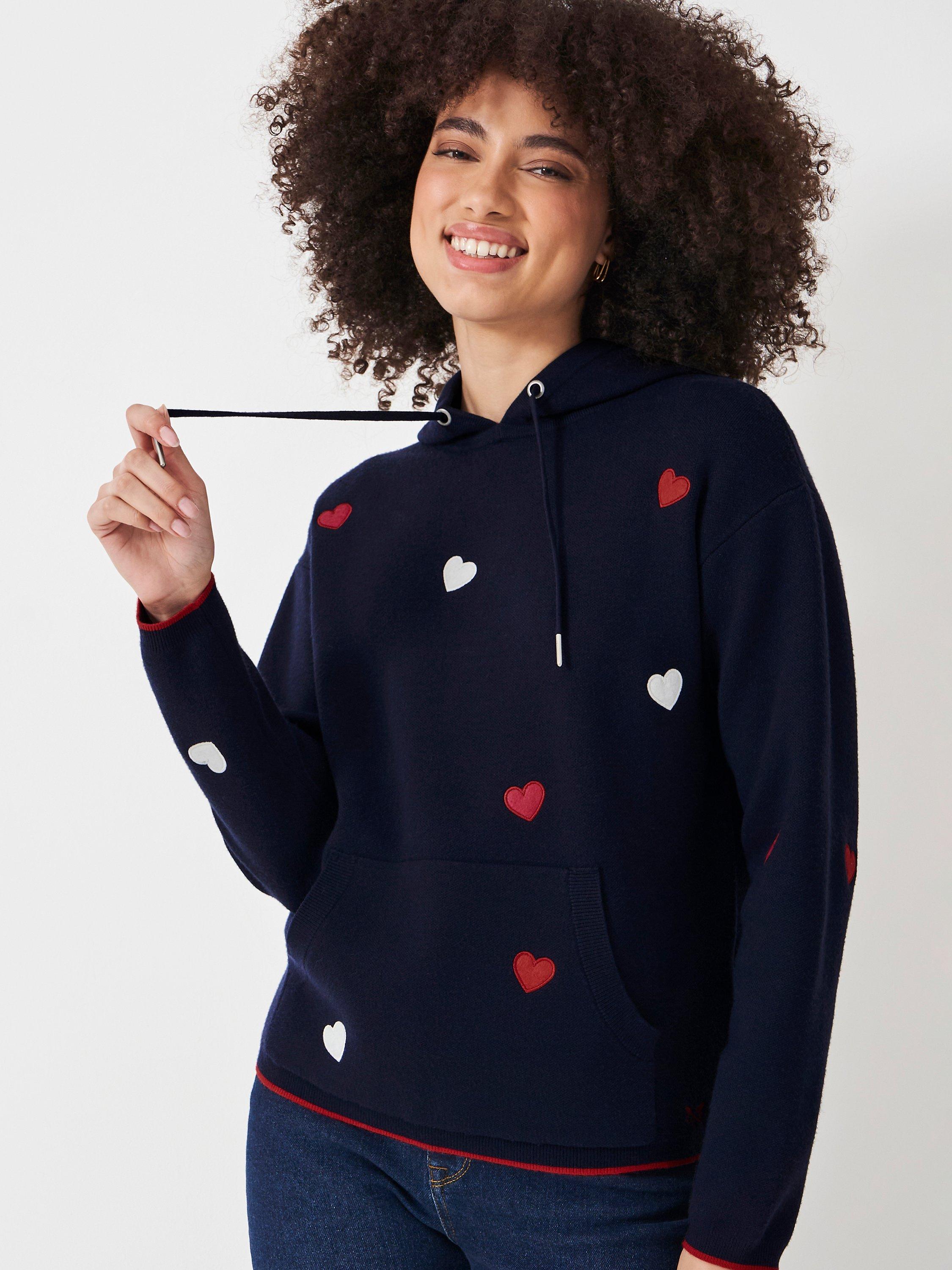 Crew Clothing Kiefer Embroidered Heart Knit Hoodie, Navy Blue/Multi