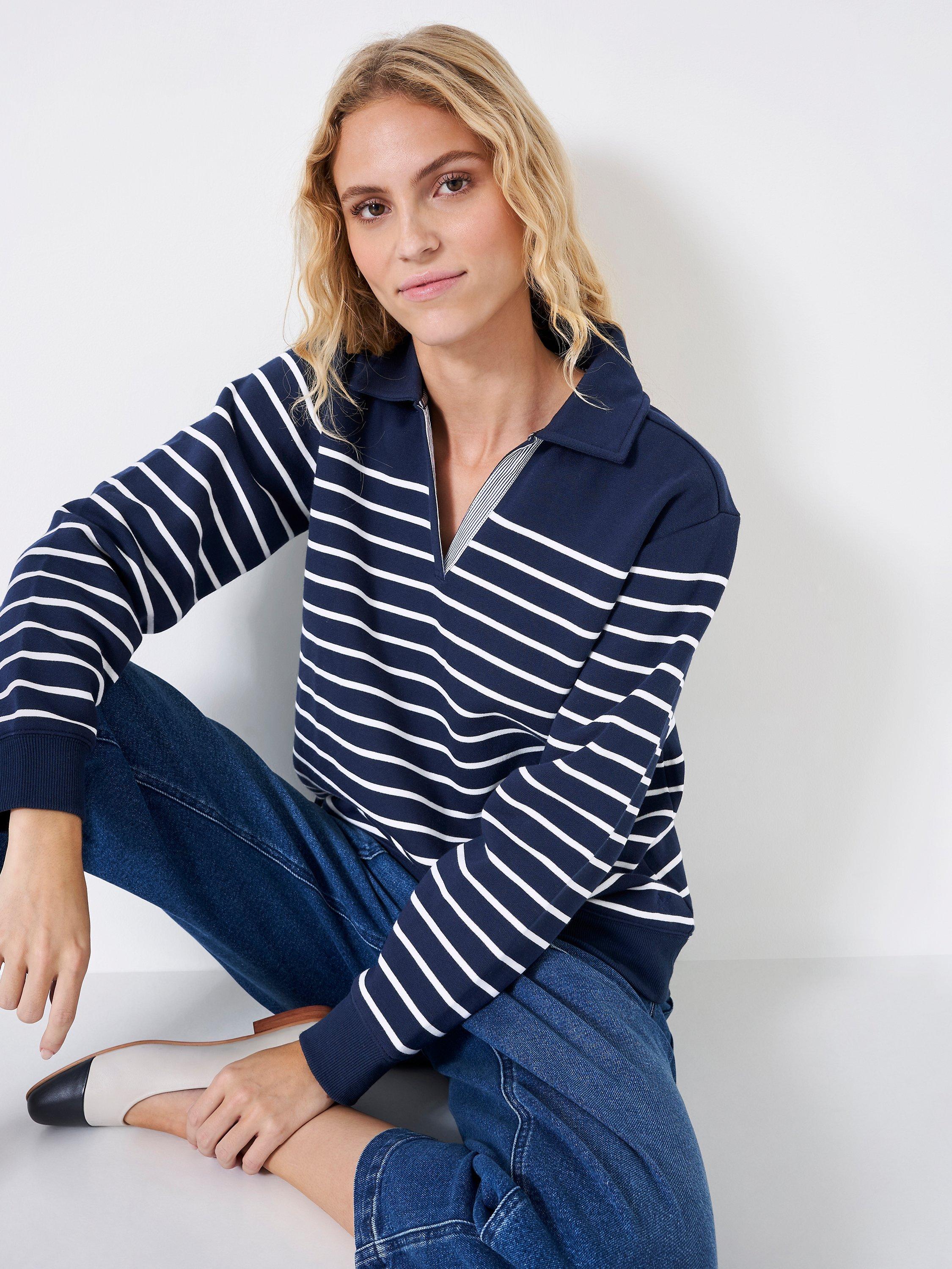 Crew Clothing Sandy Stripe Open Collar Sweat Top, Dark Blue/White