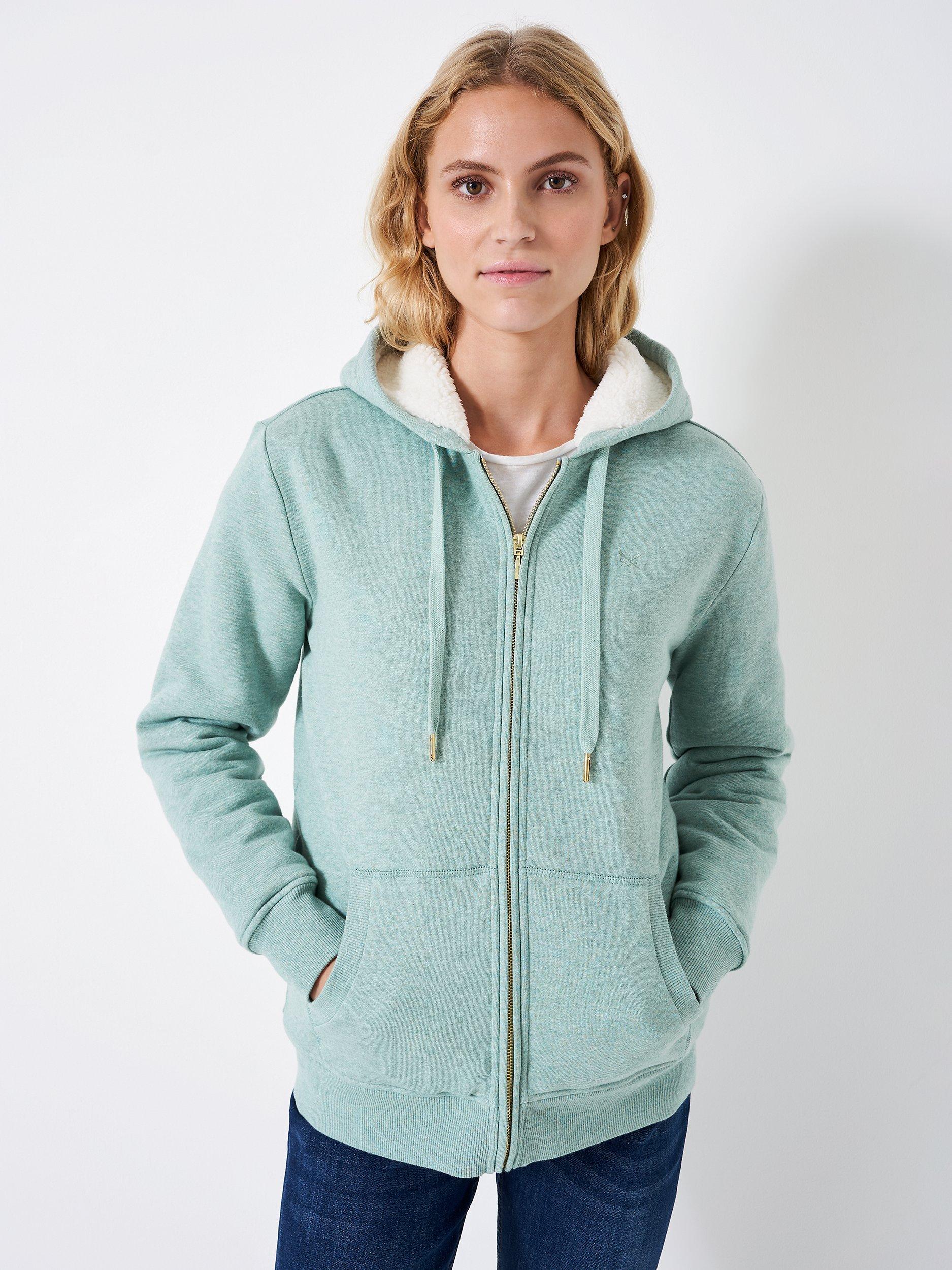 Crew Clothing Borg Lined Zip Through Hoodie, Sea Green