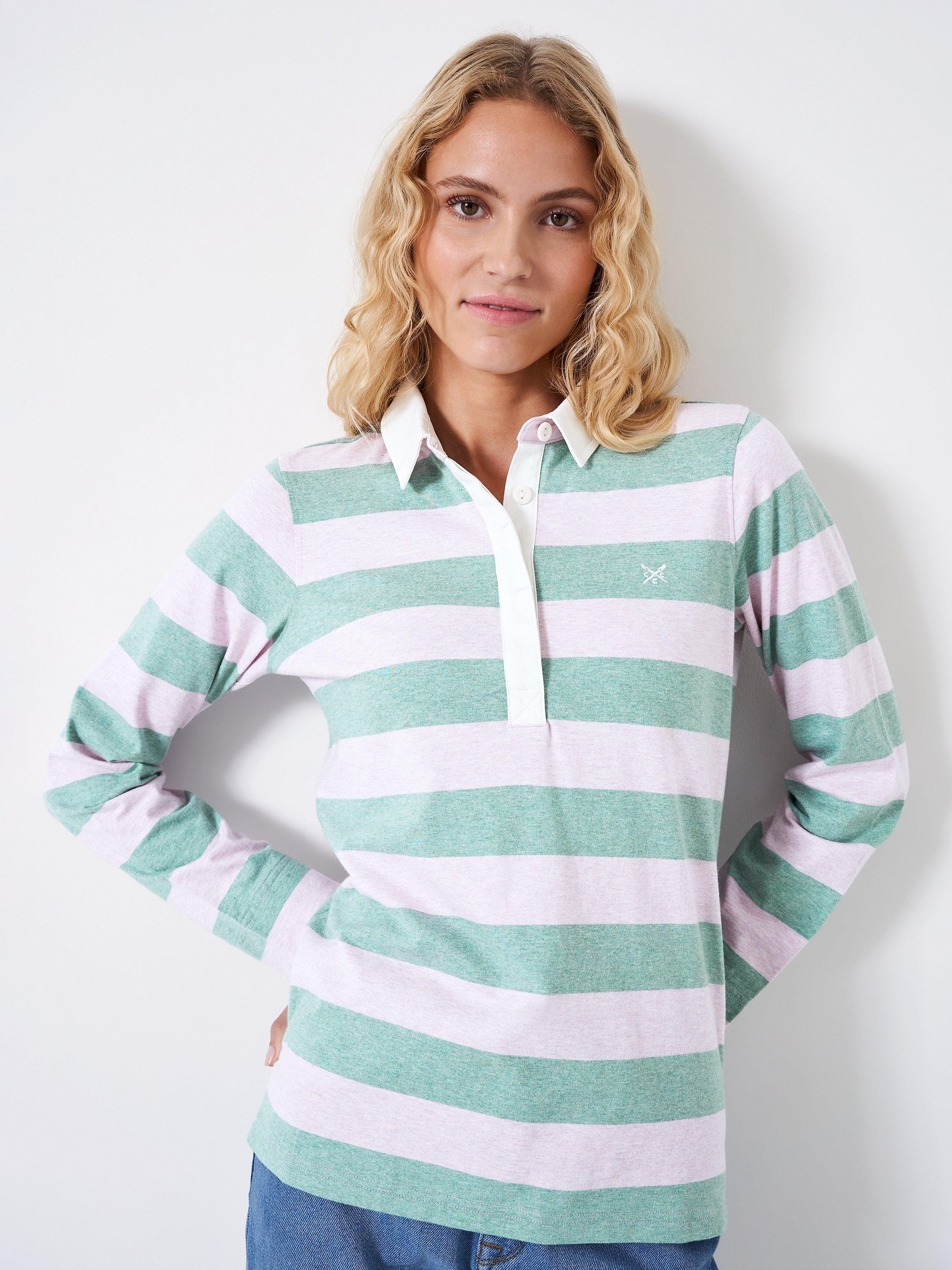 Crew Clothing Striped Cotton Rugby Top, Pastel Pink/Green