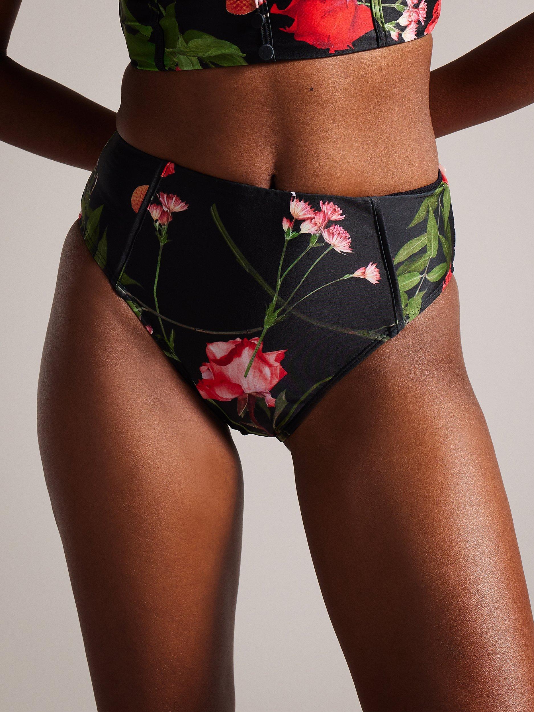 Ted Baker Loesiy Floral Print High Waisted Bikini Bottoms, Black/Multi