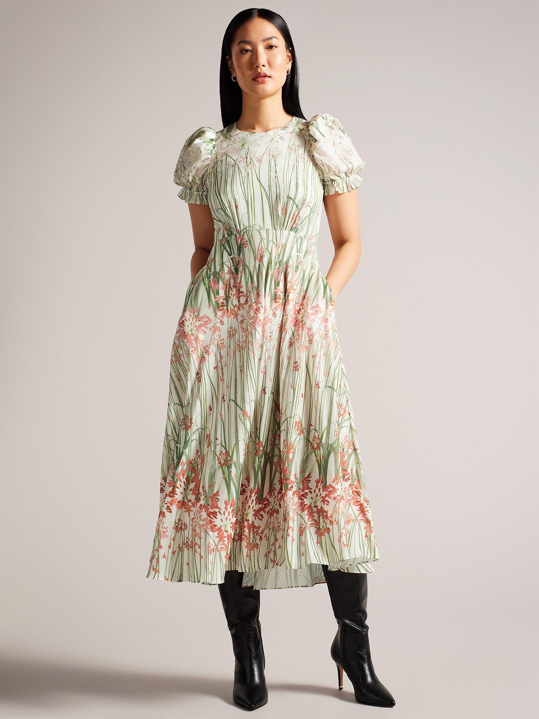 Ted Baker Zahrria Floral Print High Low Hem Midi Dress, Ivory/Multi