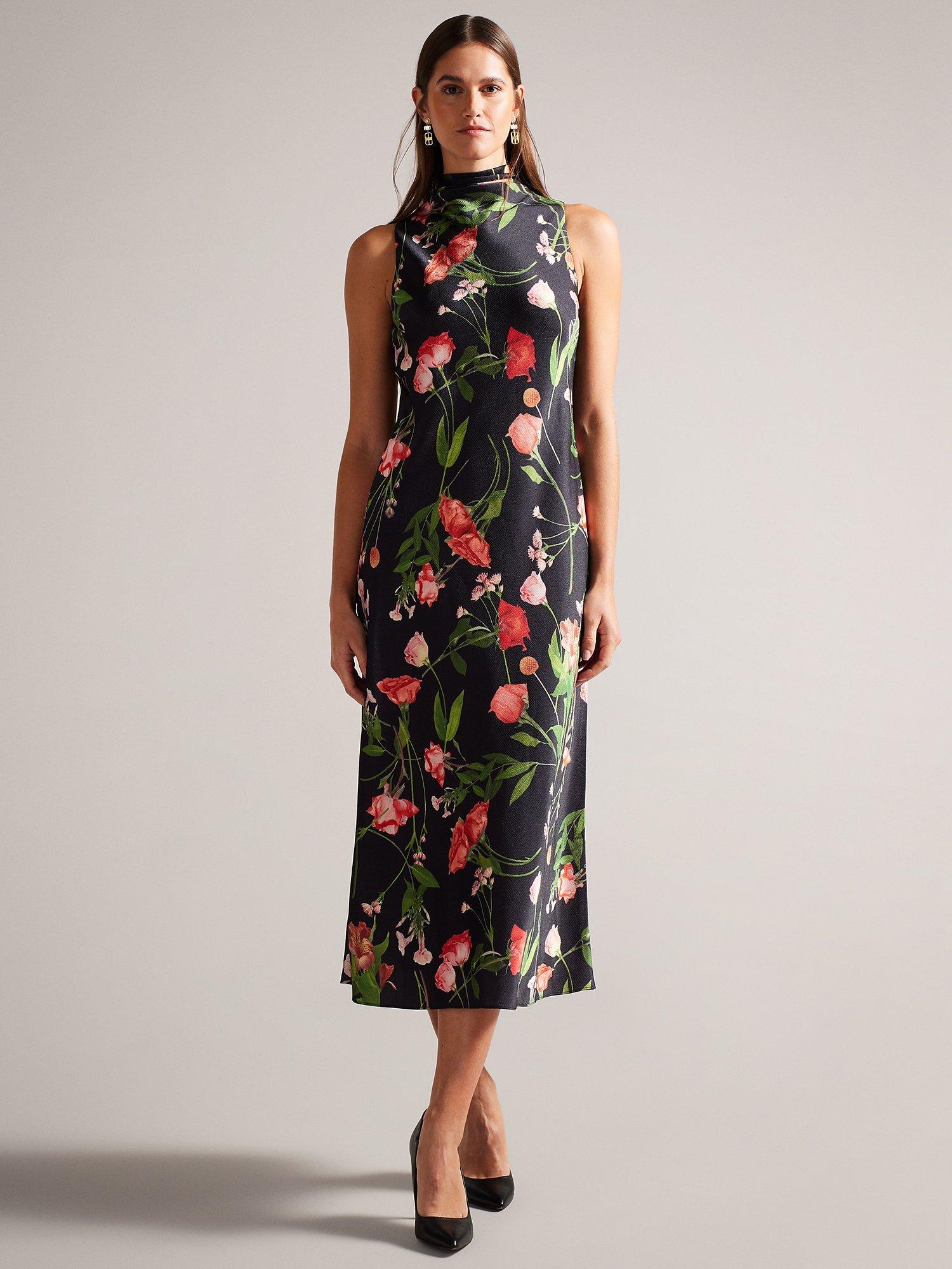 Ted Baker Cowl Neck Midi Slip Dress, Black/Multi