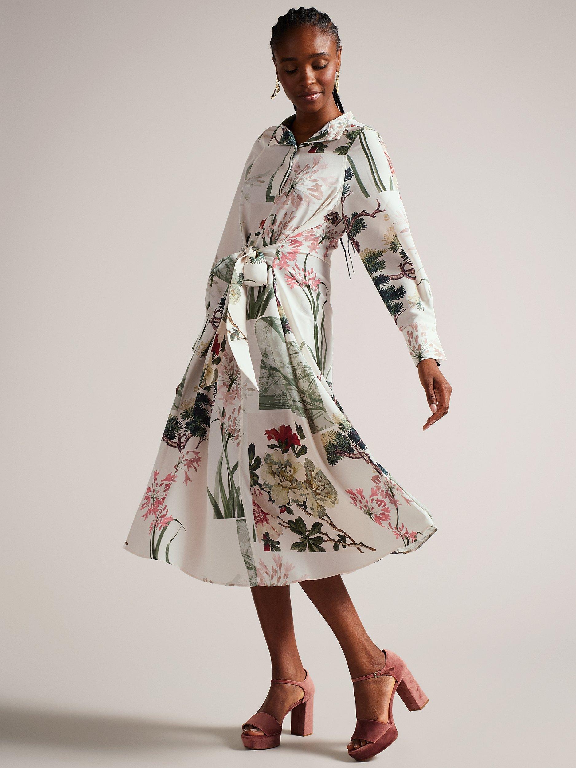 Ted Baker Ttayla Long Sleeve Belted Midi Dress Natural Ivory Multi