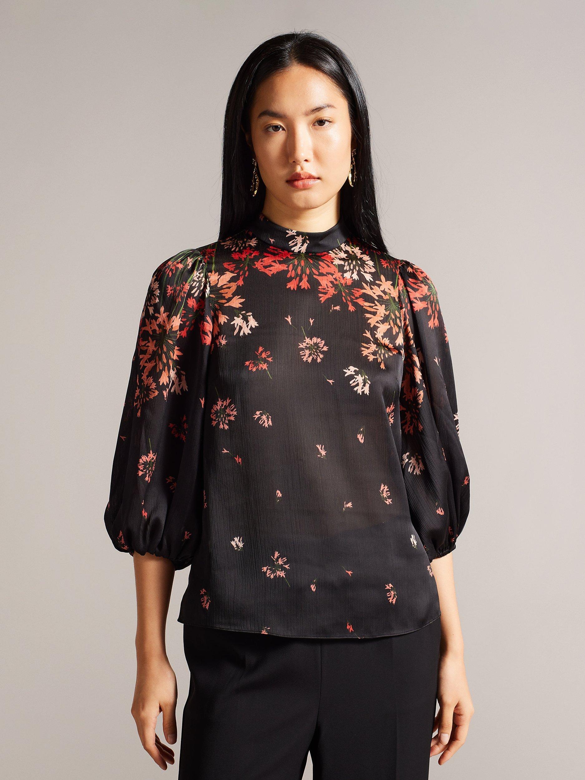 Ted Baker Eranthe High Neck Balloon Sleeve Blouse, Black/Multi