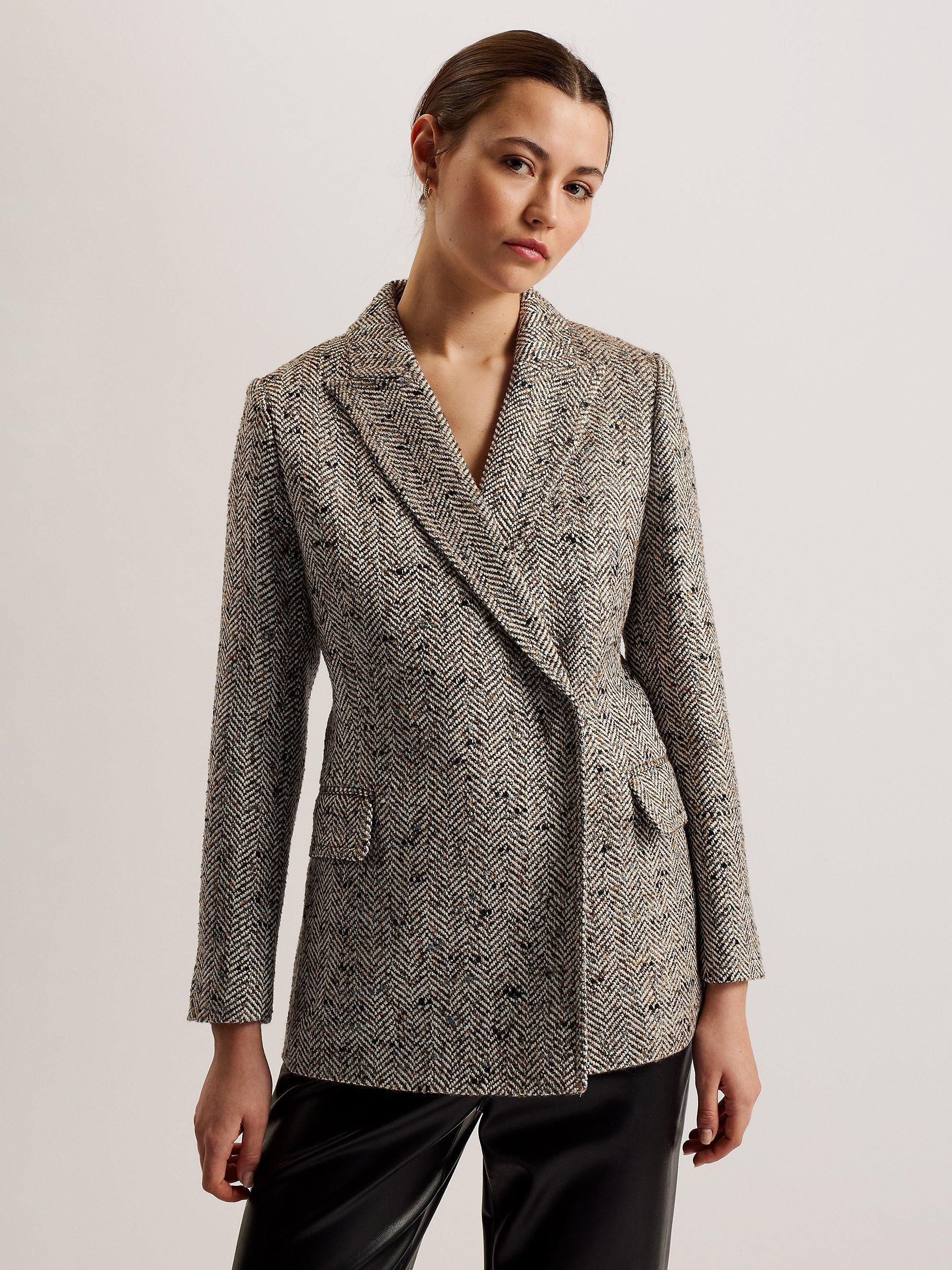 Ted Baker Felioh Double Breasted Herringbone Blazer Coat, Brown/Multi