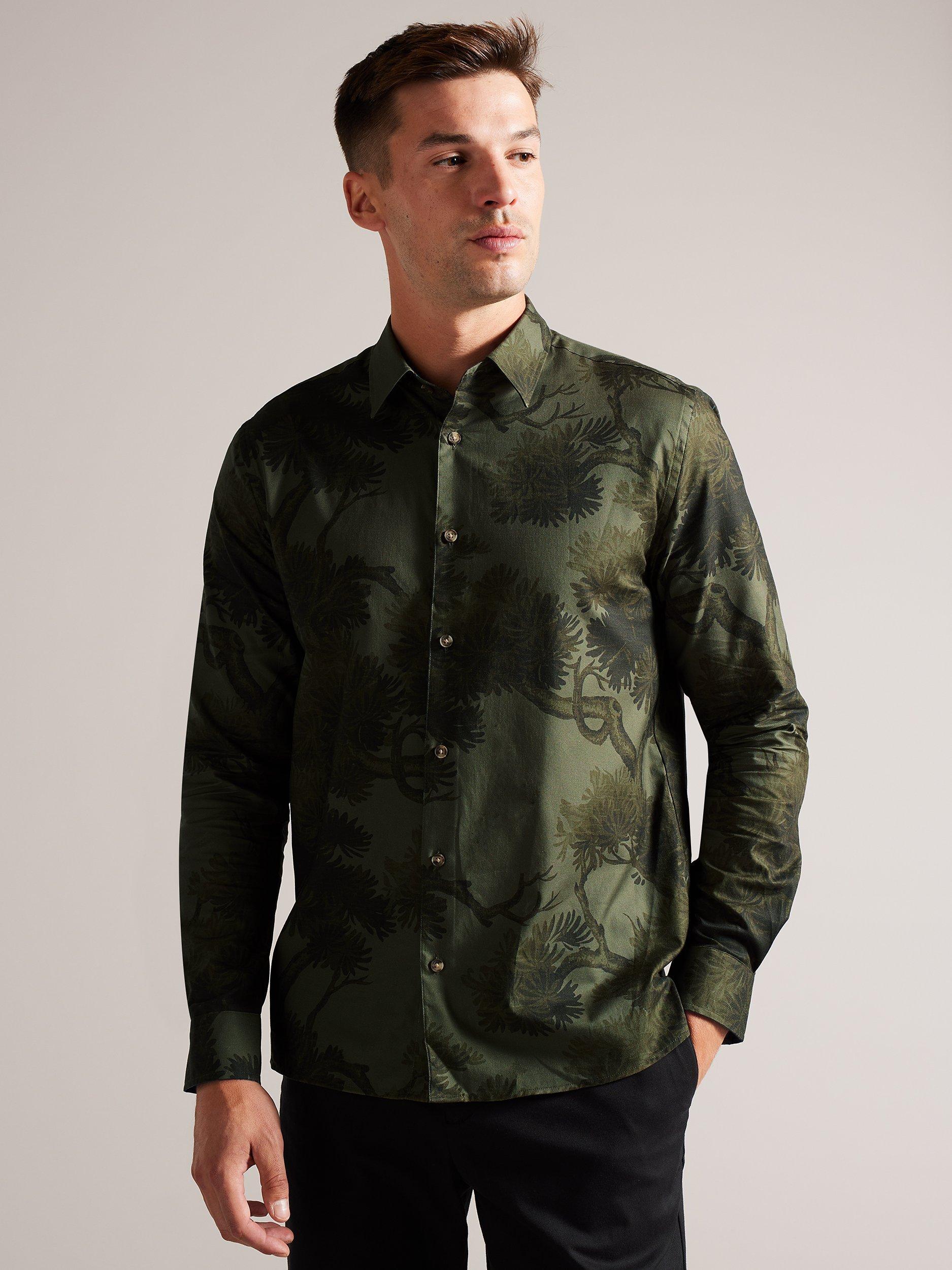 Ted Baker Goxhill Tree Print Long Sleeve Shirt, Khaki