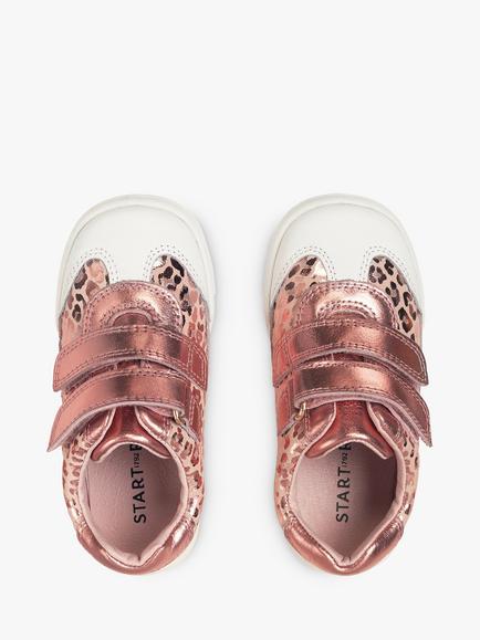 Start-Rite Baby Roundabout Leather Leopard Print Rip Tape Pre Walker Shoes, Rose Gold - view 2, Rose Gold L
