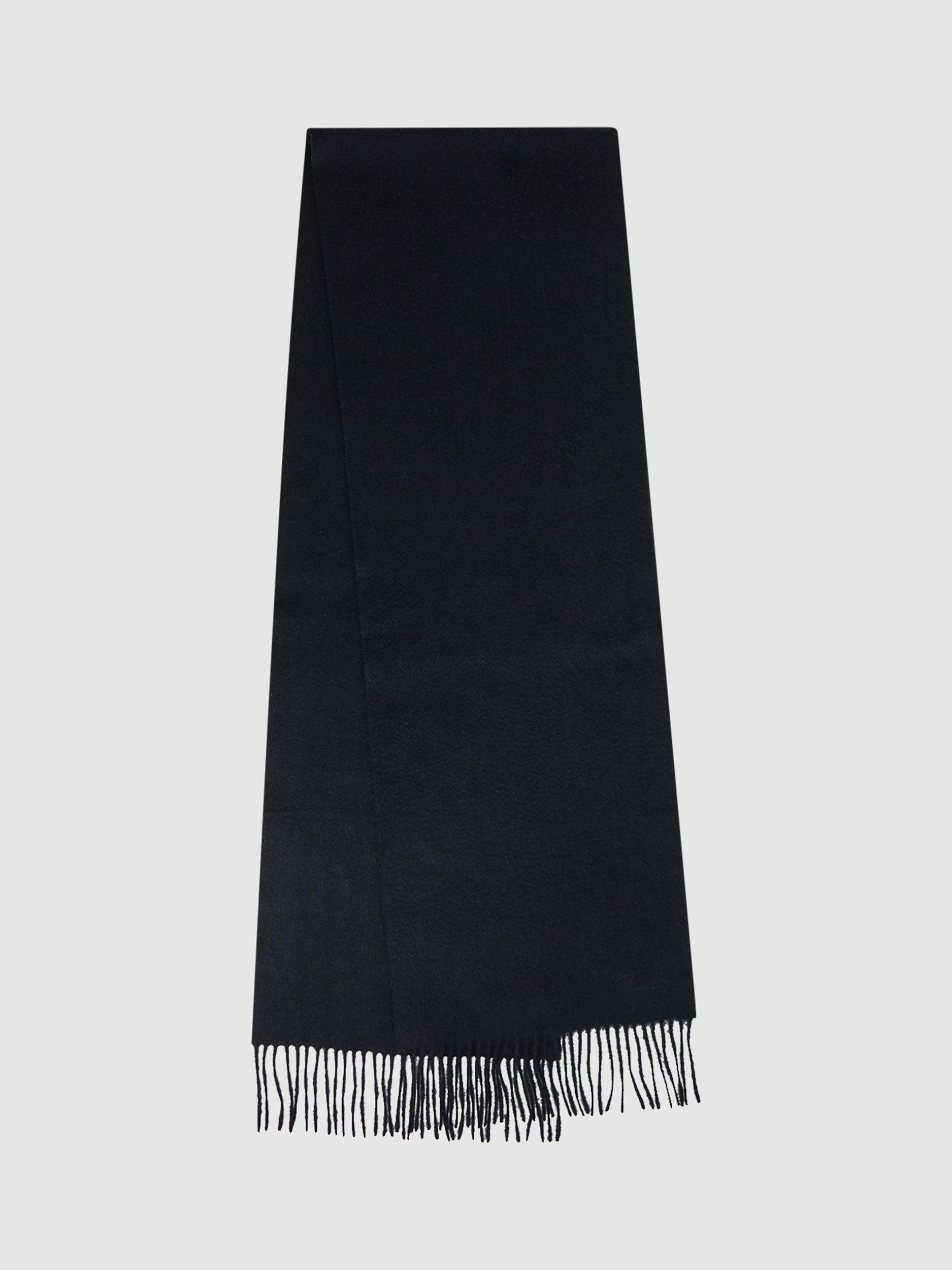 Reiss Picton Wool Cashmere Blend Fringed Scarf, Navy, One Size