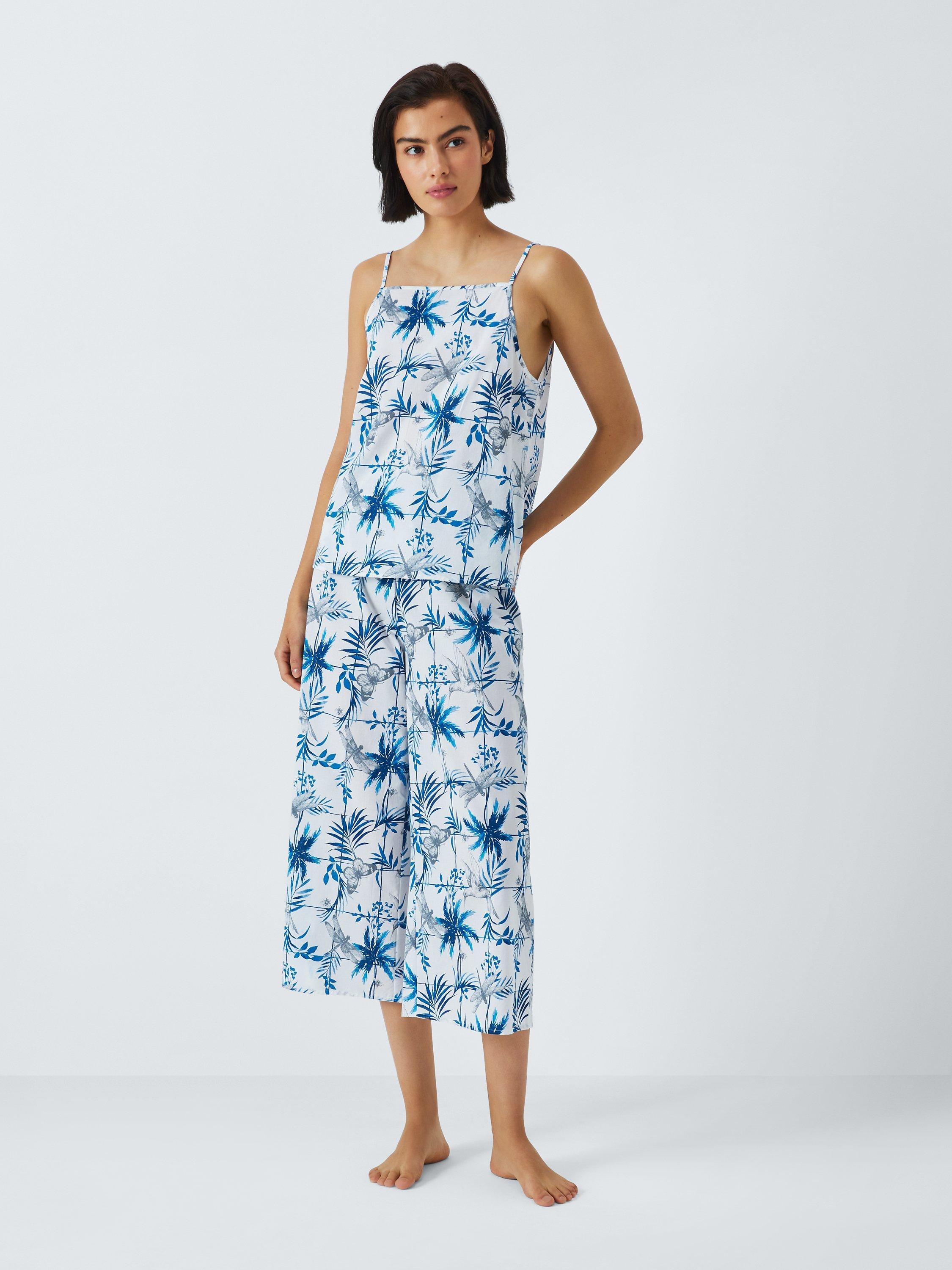 John Lewis Hummingbird Check Camisole Cropped Pyjama Set, Ivory/Cobalt