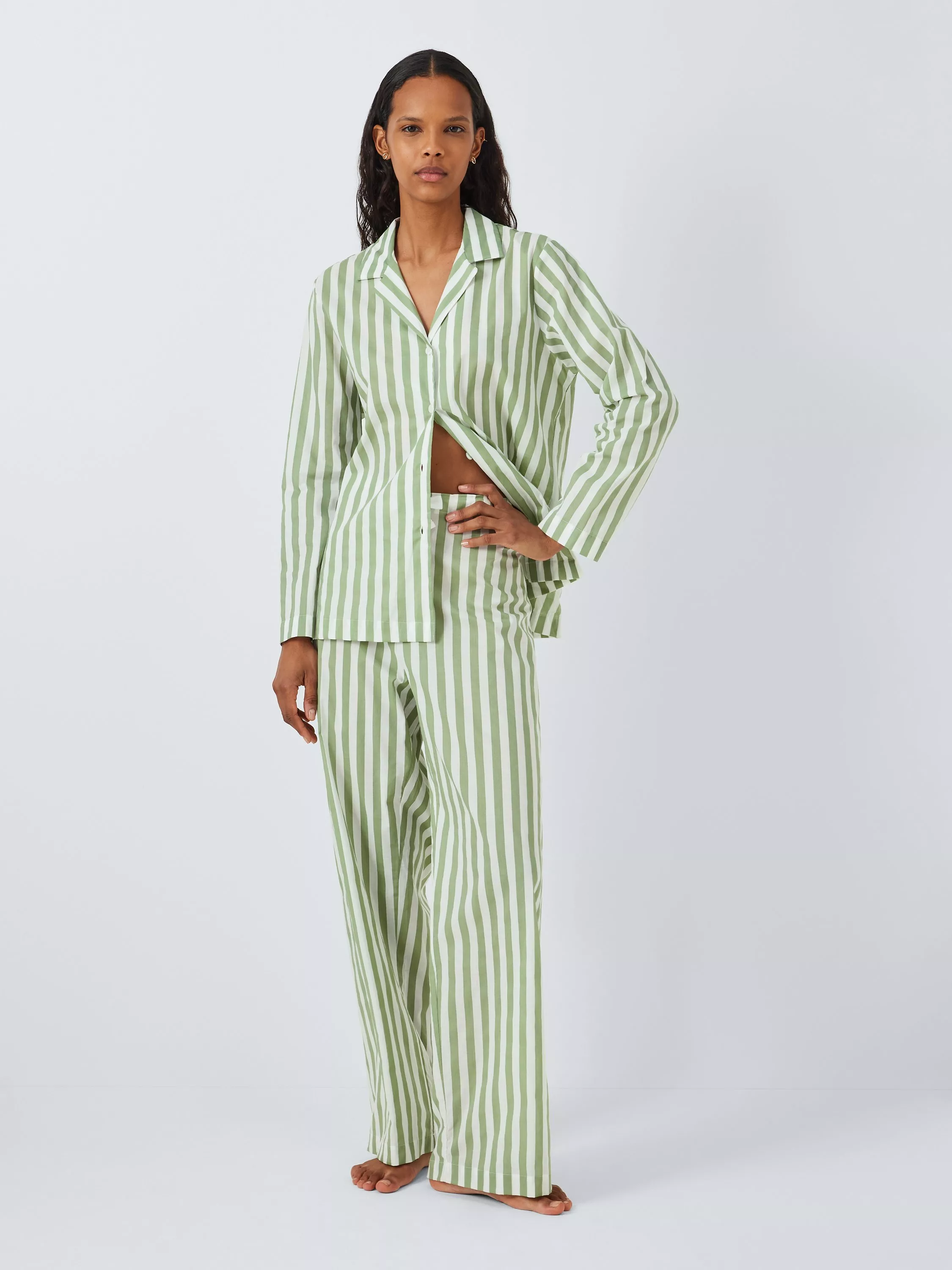 John Lewis Kate Stripe Shirt Long Pyjama Set Sage