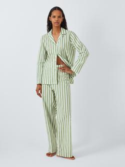 John Lewis Kate Stripe Shirt Long Pyjama Set, Sage, Sage