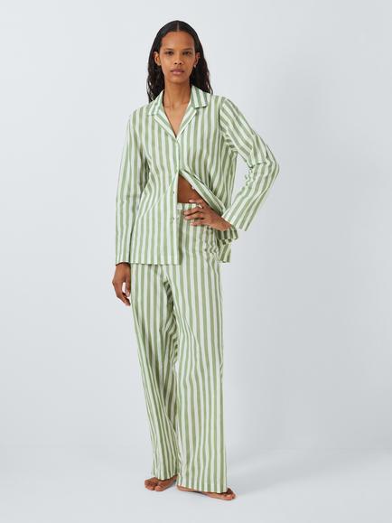 John Lewis Kate Stripe Shirt Long Pyjama Set, Sage, Sage