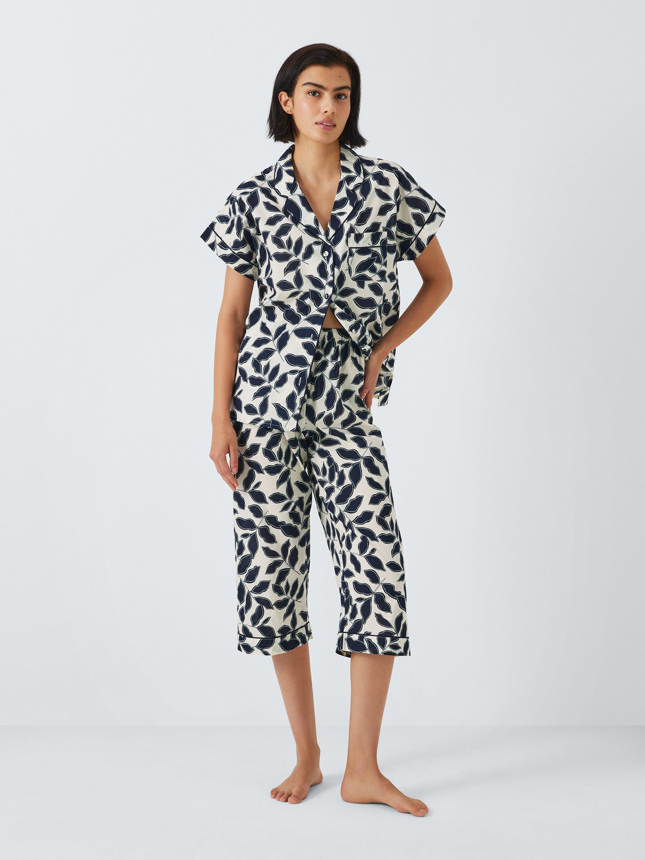 John Lewis Mara Monochrome Leaf Shirt Short Pyjama Set, Ivory/Ink