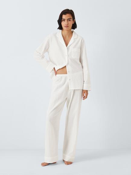 John Lewis Seersucker Shirt Long Pyjama Set, Ivory