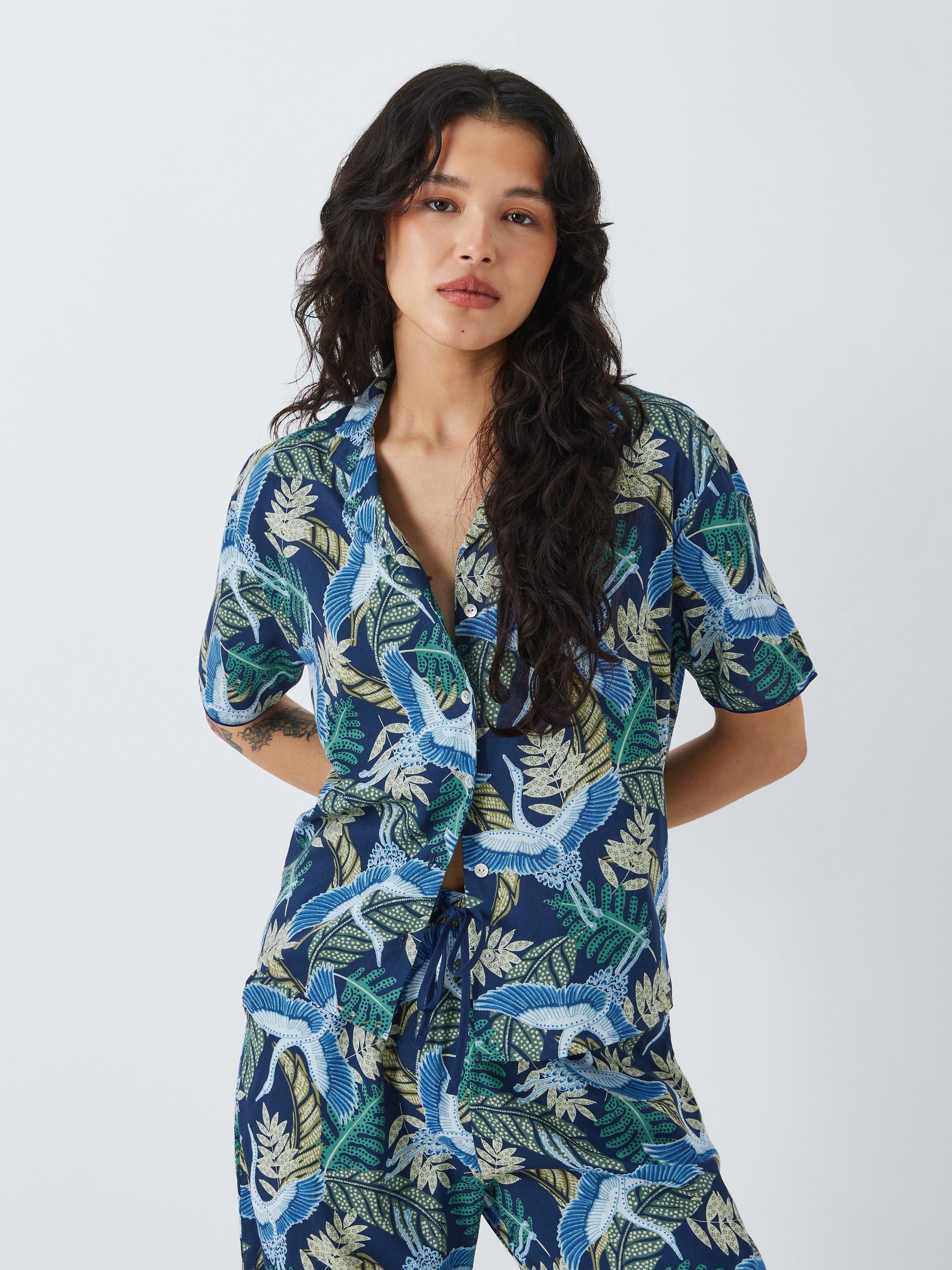 AND/OR Botanical Crane Short Sleeve Pyjama Shirt, Navy/Multi