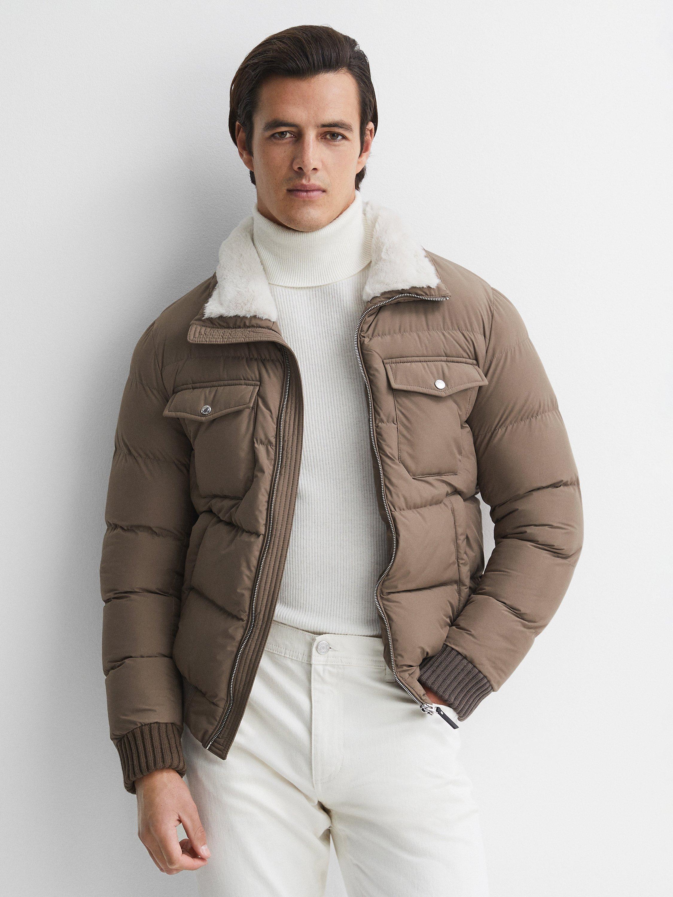 Reiss Mist Long Sleeve Zip Through Fur Jacket, Grey