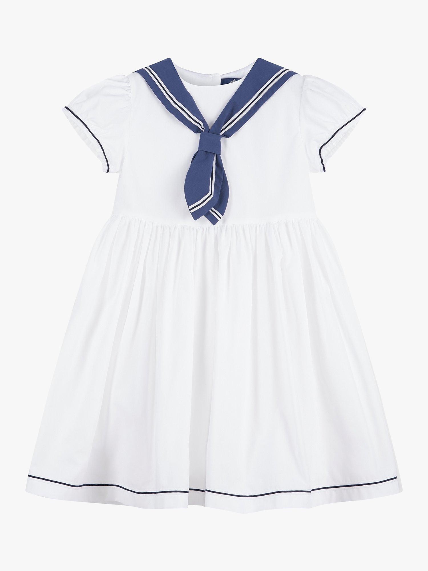 Product image 1 of 3, which shows Trotters Kids' Philippa Sailor Puff Sleeve Dress, White, 2 years