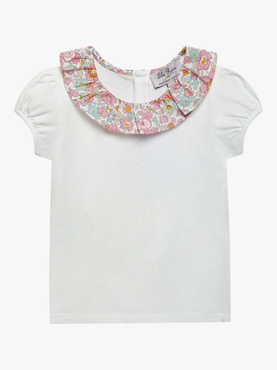 Trotters Kids' Liberty's Betsy Floral Print Willow Collar Jersey Top, White/Coral
