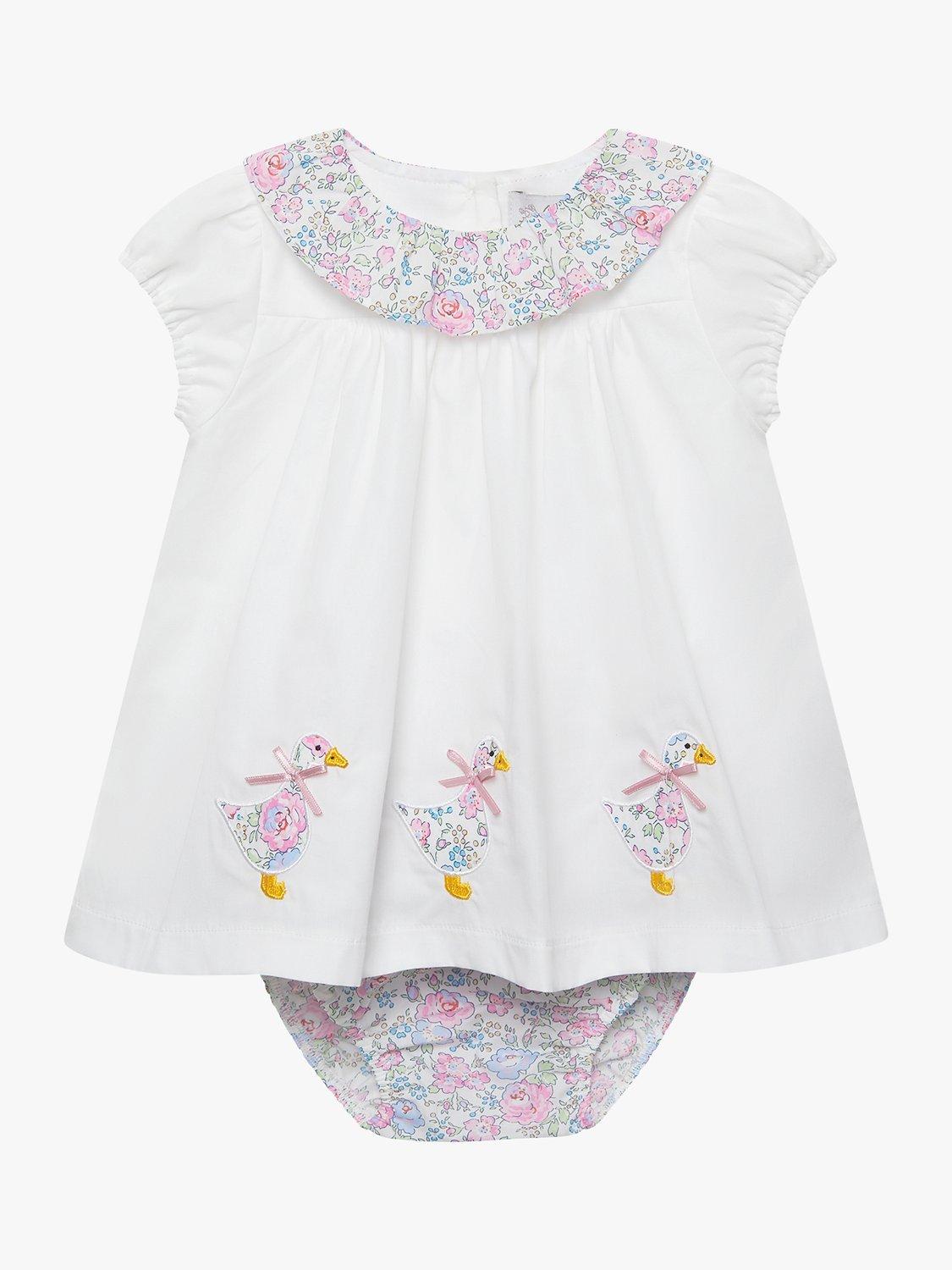 Trotters Baby My First Duck Applique Willow Ruffle Collar Dress & Knickers Set, White/Pink Felicite
