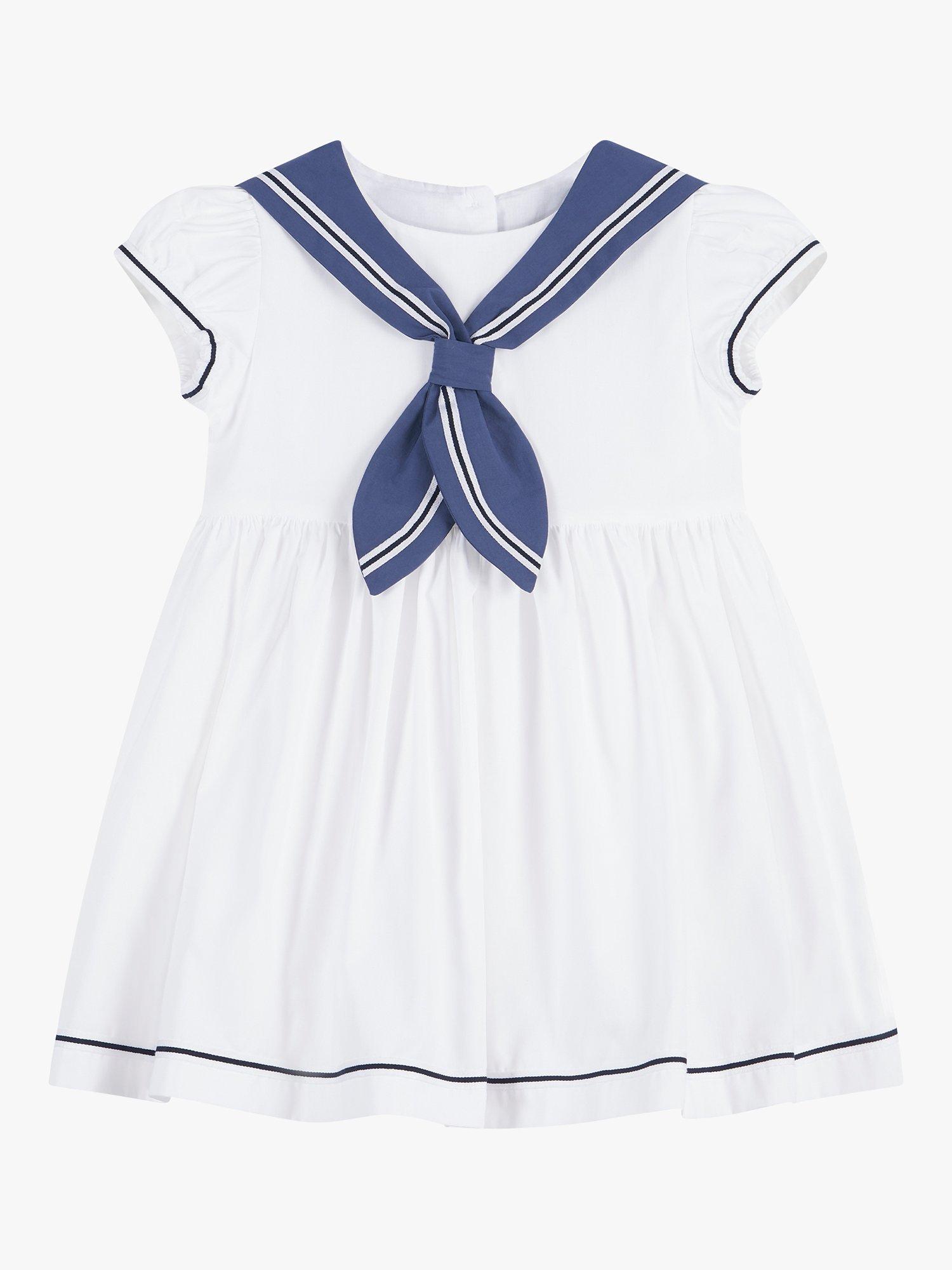 Product image 1 of 3, which shows Trotters Baby Philippa Chambray Sailor Dress, White/Navy, 3-6 months