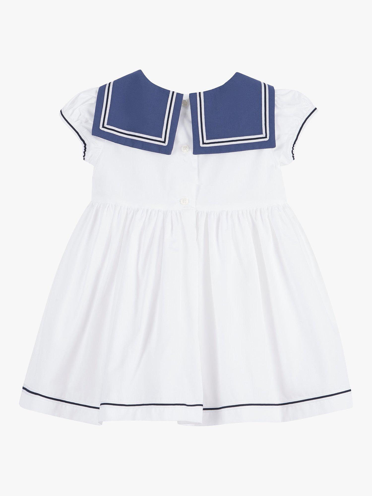 Product image 2 of 3, which shows Trotters Baby Philippa Chambray Sailor Dress, White/Navy, 3-6 months