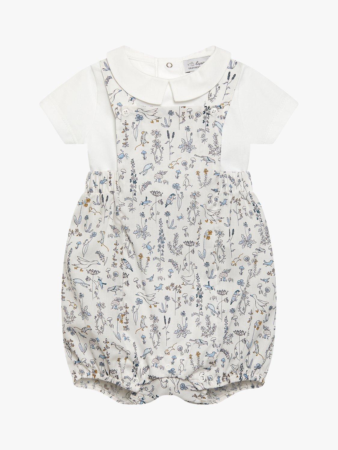Trotters Baby Theo Floral Print Dungarees, Blue/Multi