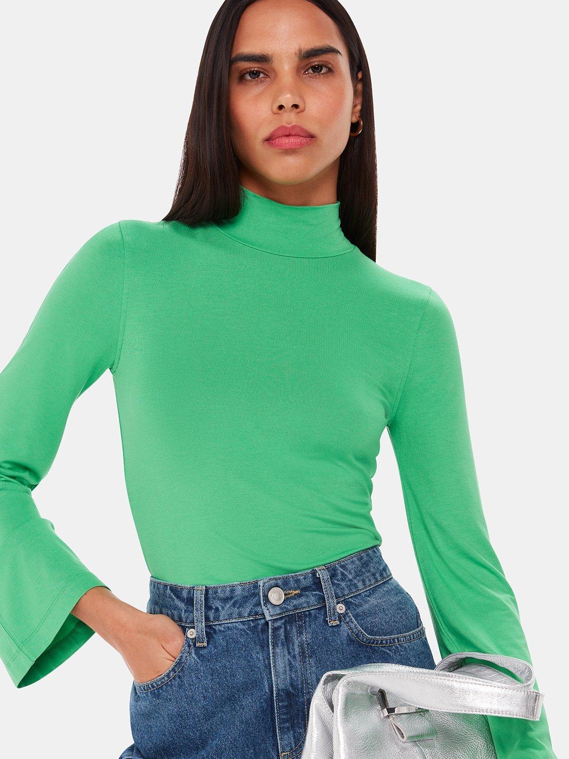 Product image 4 of 5, which shows Whistles Wide Sleeve High Neck Top, Green, 16